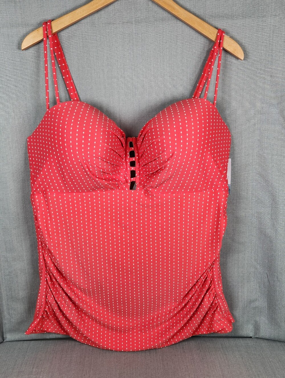 Swim by Cacique Womens Ruched Bandeau Tankini Size 42DDD NWT Coral Orange + Dots